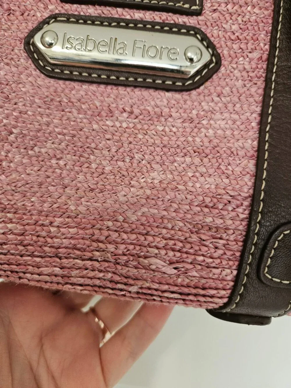 Vintage Isabella Fiore Woven Pink Leather Appliqué Satchel w/ Charm